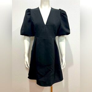 Zara Deep V-Neck Puff Sleeve Mini Dress in Black (M)